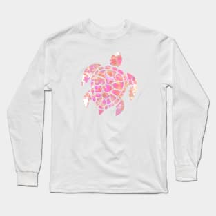 Sea Turtle Design in Pink and Orange Paint Drops Pattern Long Sleeve T-Shirt
